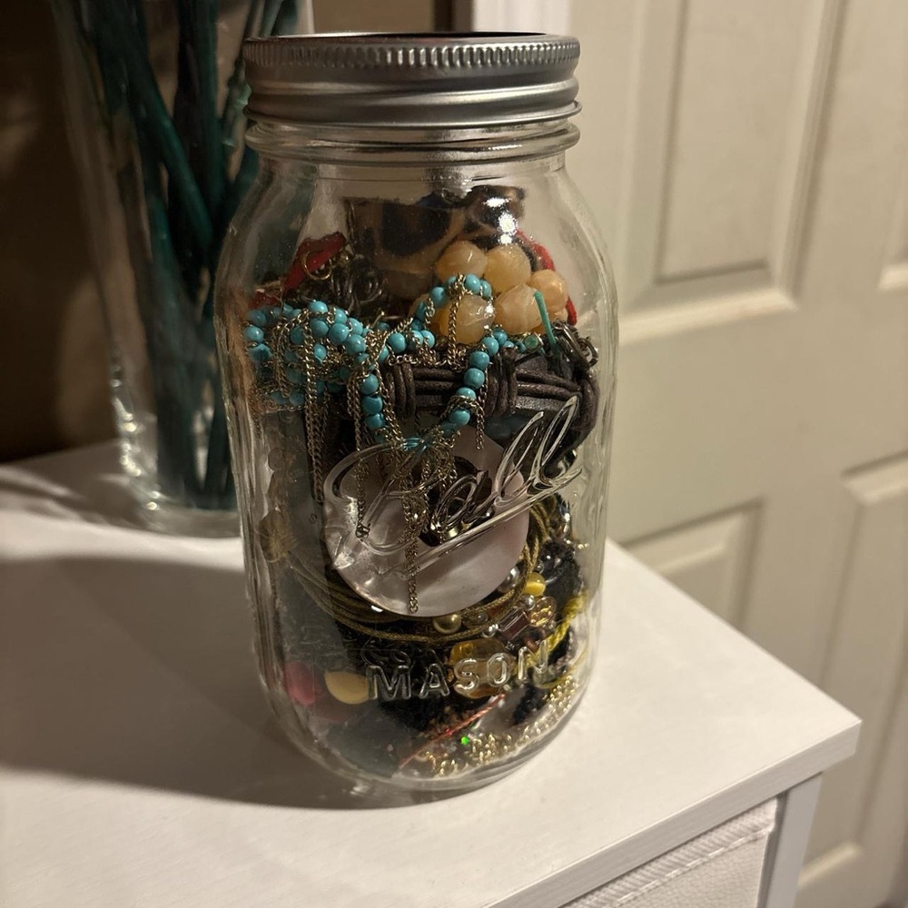 Mason Jar with Assorted Jewelry